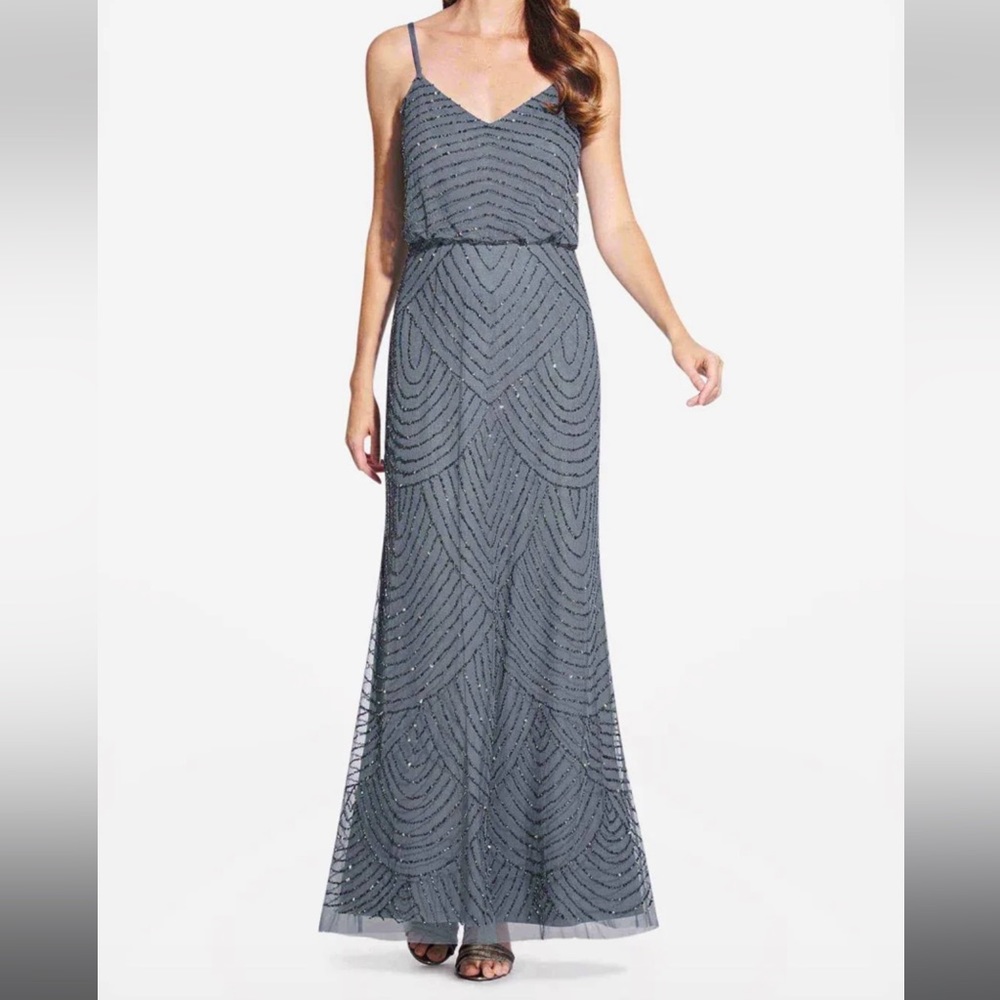 Adrianna Papell beaded bridesmaid dress dusty blue